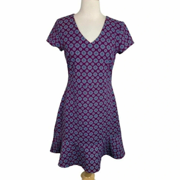 Banana Republic 6P Purple/blue print V-neck‎ short sleeve fit +flare dress - Picture 1 of 8